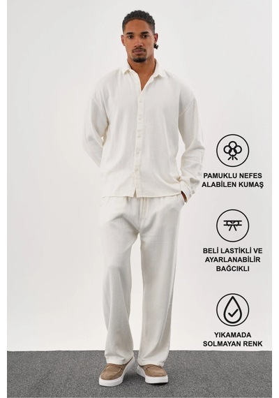 Flare Kışlık Baggy Pantolon Oversize Gömlek Alt Üst Takım %100 Pamuk Beyaz