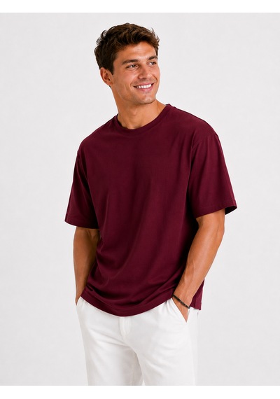 Vasto Moda Erkek Oversize Kalın Dokulu %100 Organik Pamuk Bisiklet Ribana Yakalı Bordo T-shirt