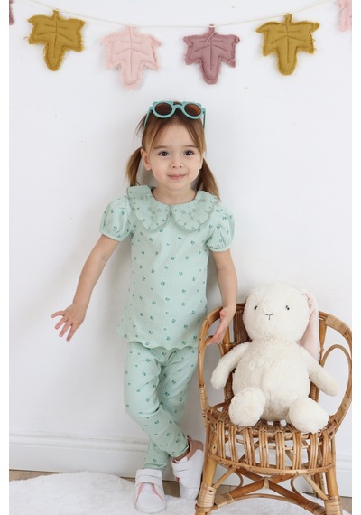 Harika Kids Kız Çocuk Çiçek Baskılı Raporlu Kumaş Basic Alt Üst İkili Takım 001