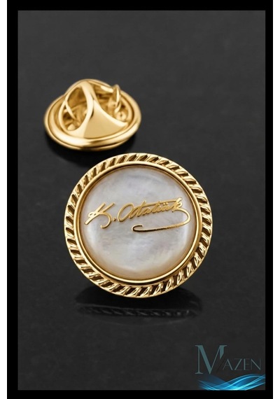 Mazen Beyaz Mineli Atatürk İmzalı Yaka Rozeti, Gold Metal, Kararmaz, Unisex Beyaz Mineli Altın Metal