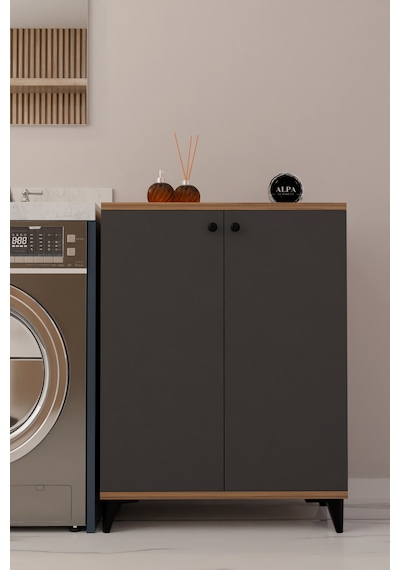 Çok Amaçlı Banyo & Çamaşır Odası Dolabı, Ayarlanabilir Raflı, Kapaklı Modern Banyo Dolabı Atlantik Çam - Antrasit