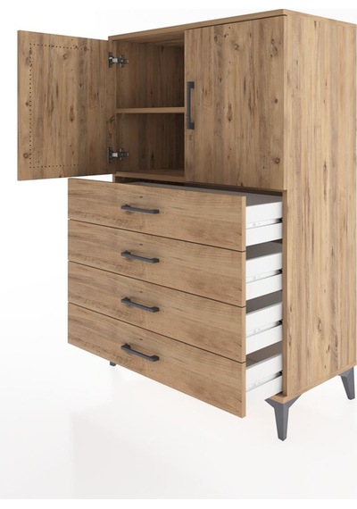 Hyperion Dolap 2 Raflı 4 Çekmeceli 2 Kapaklı 88x44x134 Çam-çam Çam