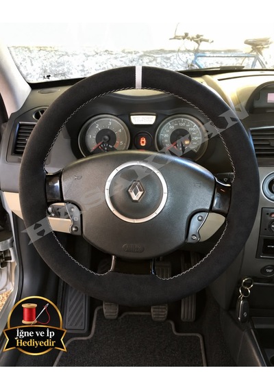 Renault Kangoo 2 Dikme Direksiyon Kılıfı Full Alcantara Süet Beyaz Yüzük Ve Beyaz Dikiş 2008-2012 Siyah