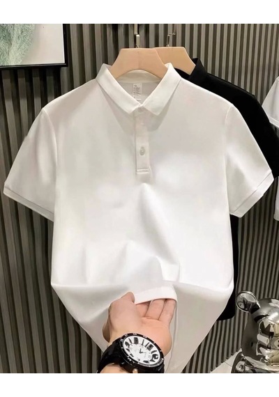 Yakası Düğmeli Yakalı Pike Düz T-shirt - Beyaz