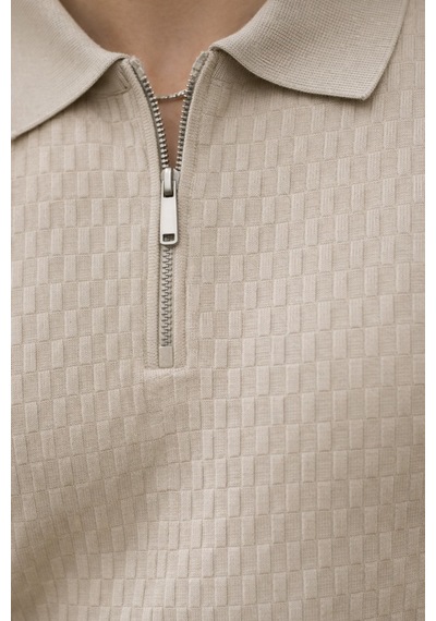 Erkek Fermuarlı Polo Yaka Triko Tişört Slim Fit Dokulu Yazlık Şık Casual Bej