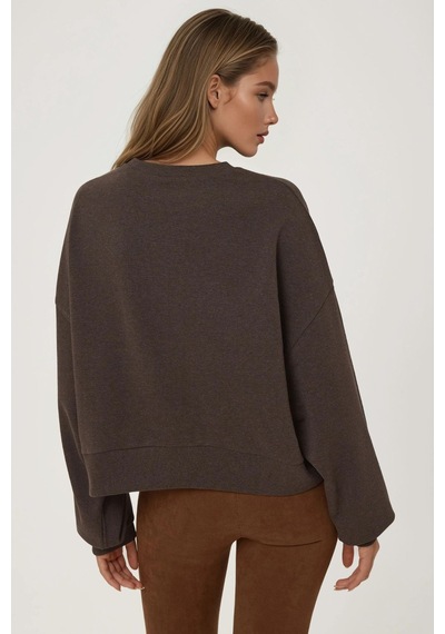 Hiccup İşlemeli Yuvarlak Yaka Sweatshirt Kestane Kahvesi