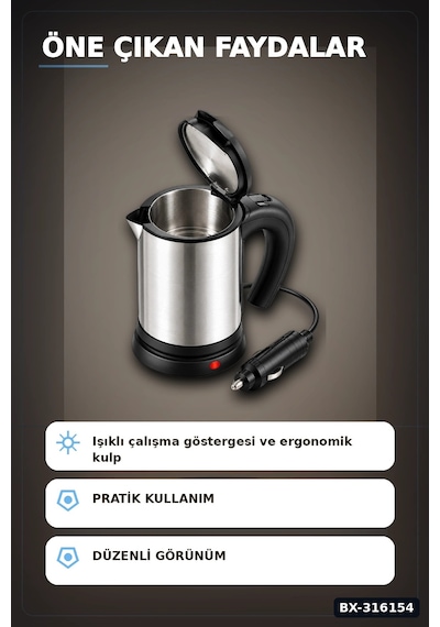 Araç İçi Su Isıtıcı Kettle 12v Çakmaklık Girişli Paslanmaz Çelik Termos Bx-316154