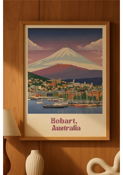 Hobart Doğal Ahşap Çerçeveli Poster, Dekoratif Seyahat Duvar Tablosu
