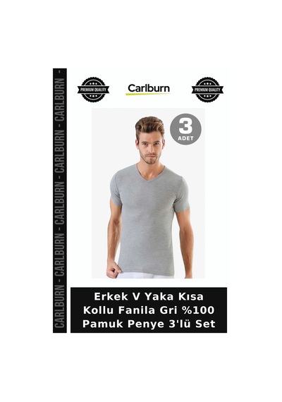 Carlburn Delux Serisi Erkek V Yaka Kısa Kollu Fanila Gri %100 Pamuk Penye 3'lü Set Klasik Temel Ev Giyim