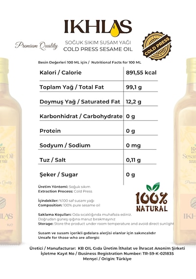 Ikhlas Soğuk Sıkım Susam Yağı 3 x 2 L