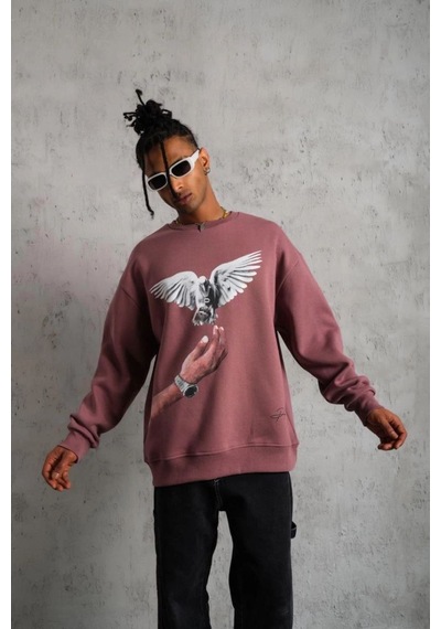 Erkek Güvercin Baskılı Bisiklet Yaka Sweatshirt 3 İplik Pamuklu - Gül Kurusu Gülkurusu Erkek Güvercin Baskılı Bisiklet Yaka Sweatshirt 3 İplik Pamuklu - Gül Kurusu Gülkurusu