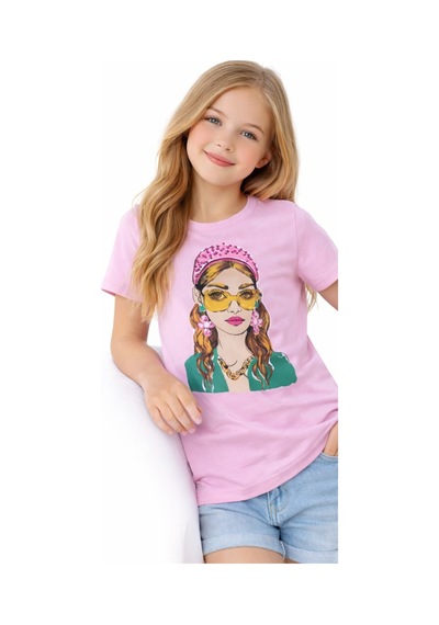 İrem Çocuk Giyim Kız Çocuk Önü Kız Desenli Taşlı Pembe Renk Kısa Kollu Tişört Pembe