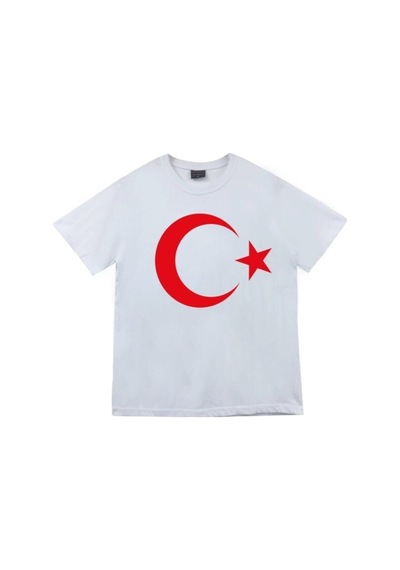 Nacar Store Unısex Çocuk Beyaz Ayyıldız Baskılı Baskılı Tişört Beyazbayrak
