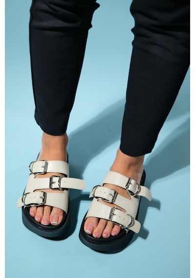 Luvishoes Olava Bej Tokalı Kadın Kalın Tabanlı Terlik Bej
