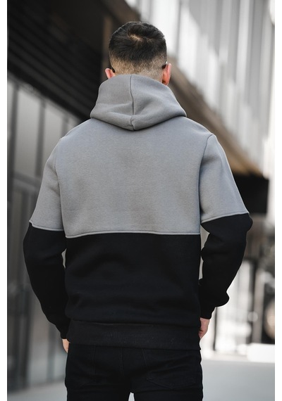 Oksit Kewin Üç İplik Şardonlu Baskılı Çift Renk Parçalı Kapüşonlu Erkek Sweatshirt 001