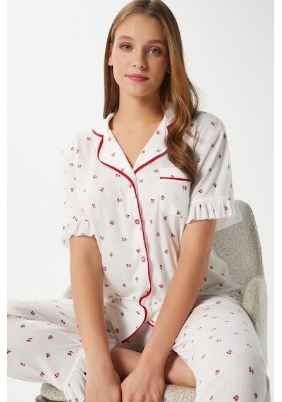 Ritnice Kadın Fırfırlı Kiraz Ön Düğmeli Kısa Kol Alt Üst Pijama Takımı Ekrukırmızı Çok Renkli