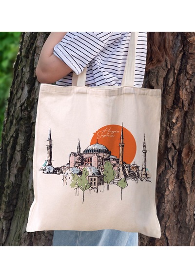 Bk Gift Ayasofya Tasarımlı Kanvas Bez Çanta, Baskılı Omuz Çantası, Alışveriş Çantası, Plaj Çantası, Arkadaşa Hediye-4 Sarı