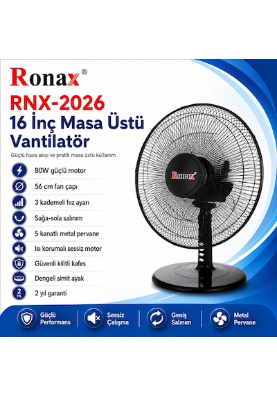 Ronax Rnx-2026 16 İnç Masa Üstü Vantilatör 80w Metal Pervaneli