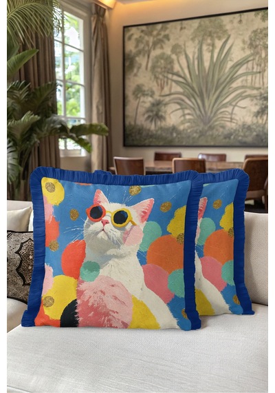 Renkli Kedi Figürlü Pop Art Saçaklı Yastık Kılıfı - Eğlenceli Pembe Lacivert Püsküllü Kırlent Kılıfı Serin Lagün Lime