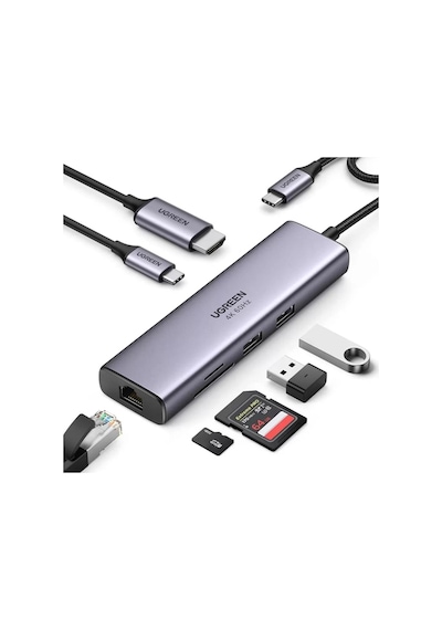 Ugreen CM512 Type-C to PD 100W HDMI RJ45 USB SD Micro SD Dönüştürücü Hub