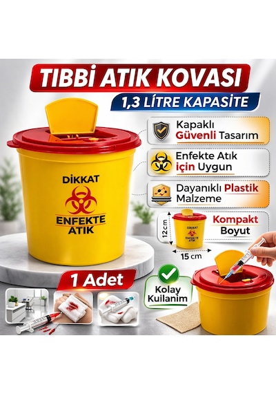Tıbbi Atık Kovası 1,3 Litre 1 Adet Kapaklı Tıbbi Atık Kutusu Enfekte Atık Kovası Siyah