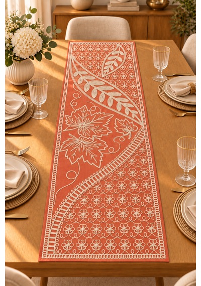 Nakışlı Geometrik Desenli Dekoratif Runner Masa Örtüsü 45x120 Cm Kiremit