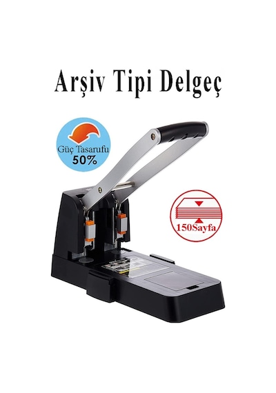 Büyük Delgeç 150 Yaprak Kapasiteli 1 Adet Arşiv Tipi Kollu Delgeç Metal Perfaratör Profesyonel Kağıt Delici Delgec Siyah