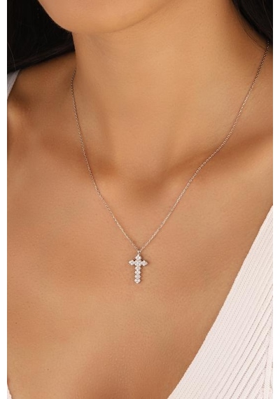 Taşlı Haç Gümüş Kolye Rose Gold