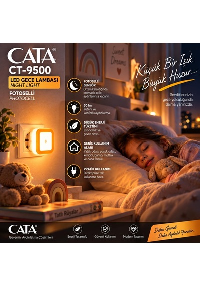 Cata Ct-9500 Led Gece Lambası Amber Turuncu Fotoselli Sensörlü Priz Tipi Gece Işığı, 30 Lm, Otomatik Açma Ka Diğer