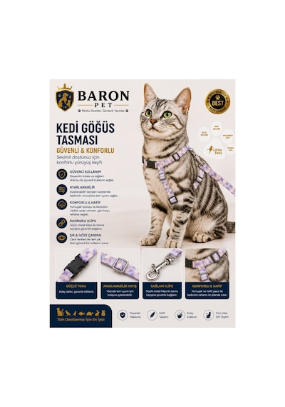 Kedi Göğüs Tasması Ve Gezdirme Kayışı Seti Lila Batik Desenli Ayarlanabilir
