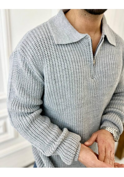 Elku Moda Kazak Oversize Tüylenmez Naturel Pamuk Fermuarlı Polo Yaka Örme Triko Kazak Gri