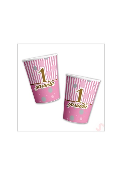 1 Yaşında Karton Bardak, 8 Adet - Pembe