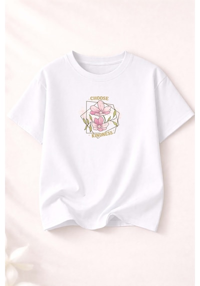 Herkesemoda Choose Kındness Baskı Detaylı Kadın Bisiklet Yaka Pamuklu T-shirt Beyaz