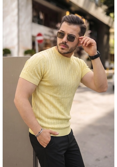Veraura Lifestyle Erkek Örgü Desen Bisiklet Yaka Triko Tişört - %100 Pamuk Akrilik Açık Sarı