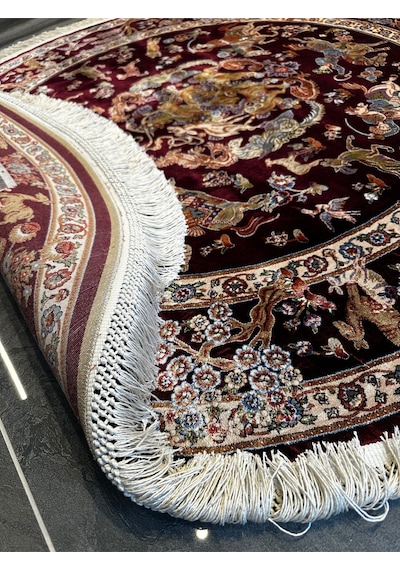 Orfe İpek Tuşeli Halı Salon Halısı, Oturma Odası Halısı, Antre Giriş Halısı Yuvarlak Bordo