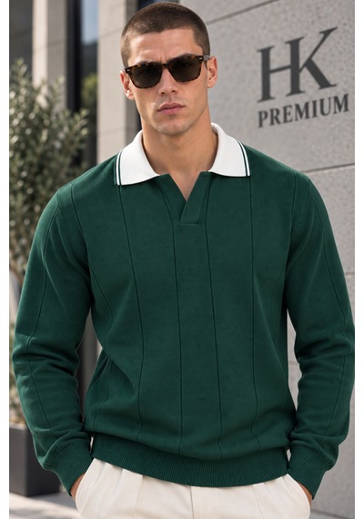 Hk Premium Erkek Polo Yaka Kontrast Çizgili Fitilli Triko Kazak Uzun Kollu, Dokulu Örme Kazak Yeşil Hk Premium Erkek Polo Yaka Kontrast Çizgili Fitilli Triko Kazak Uzun Kollu, Dokulu Örme Kazak Yeşil