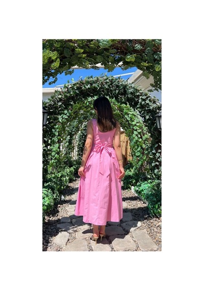 Moda Banuş Keten Pembe Askılı Bağcıklı Yazlık Elbise-dar Kalıp