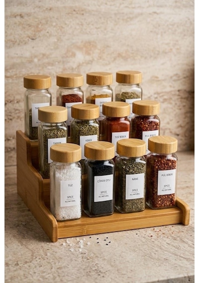 Atbyhome 13 Parça Bambu Standlı Baharatlık Seti - 12 Adet 120 Ml Cam Baharat Takımı Beyaz - Kahverengi