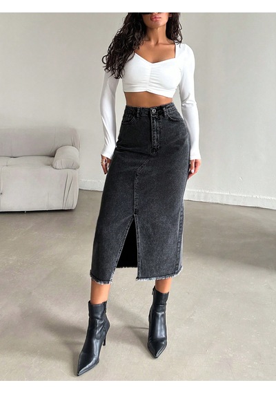 Kadın Denim Pamuklu Yırtmaçlı Uzun Siyah Etek