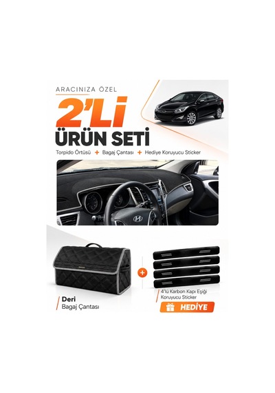 Hyundai İ40 2011-2017 Uyumlu Torpido Örtüsü + Deri Bagaj Çantası + Sticker Seti - Siyah Gri