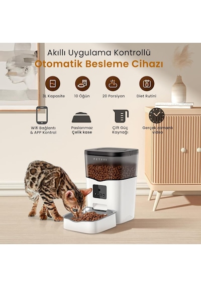 Petfit Feline Prime 3l Wi-fi Kameralı Akıllı Otomatik Kedi Köpek Mama Kabı Besleme Ünitesi Sesli Komut+çelik Kase+app Kontrol