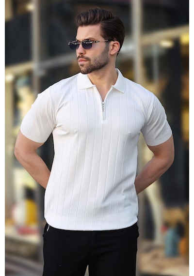 Madmext Madmext Beyaz Polo Yaka Fermuarlı Erkek T-shirt E7298 Beyaz
