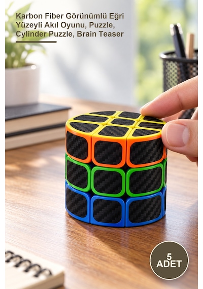 5 Adet Silindir Zeka Küpü Karbon Fiber Görünümlü Eğri Yüzeyli Akıl Oyunu, Puzzle, Cylinder Puzzle, Brain Teaser