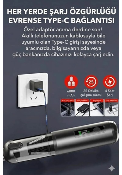 Jenerik Araç Süpürgesi Şarjlı 120w 20.000pa Göstergeli Yeni Nesil Metal Filtre Extra Vakum Ve Üfleme