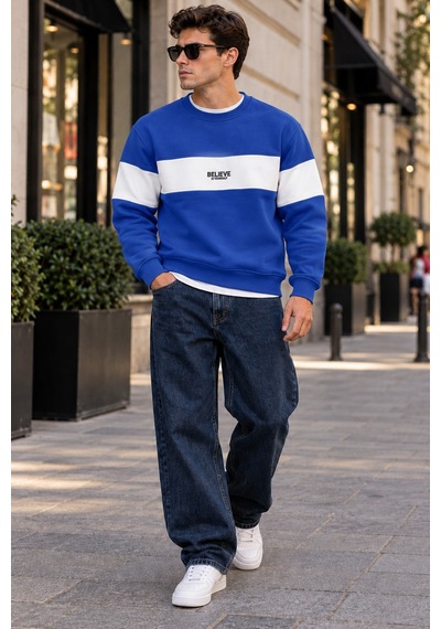 Tarz Cool Erkek Şerit Detaylı Believe Baskılı 3 İplik Şardonlu Bisiklet Yaka Sweatshirt Saks Mavi
