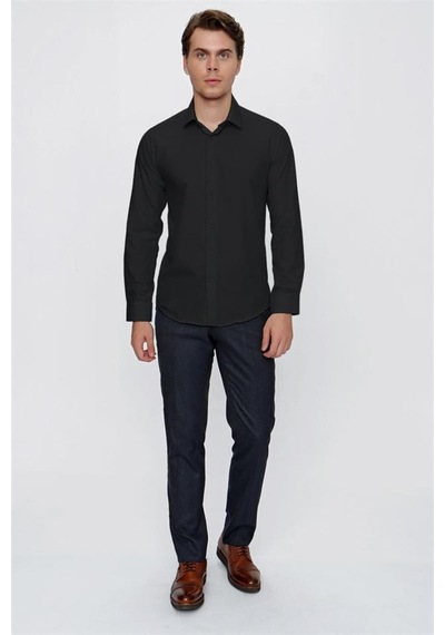 İmza Siyah Uzun Kollu Bez Ayağı Sert Yaka Cepsiz Pamuklu Basic Slim Fit Dar Kesim Gömlek 1004240057-siyah Siyah İmza Siyah Uzun Kollu Bez Ayağı Sert Yaka Cepsiz Pamuklu Basic Slim Fit Dar Kesim Gömlek 1004240057-siyah Siyah