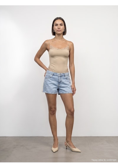 Dilvin 32730 Dantel Detaylı Askılı Bodysuit-taş
