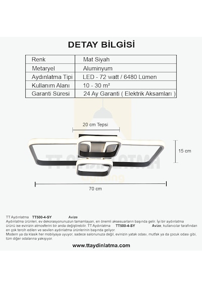 Tt500-4-sy Tt Aydınlatma Beyaz Işık Mat Siyah 4 Lü Led Avize Siyah