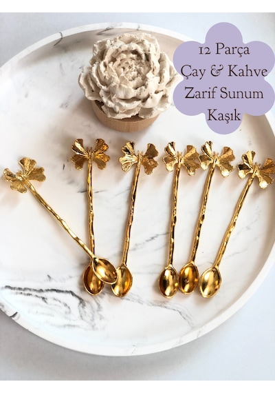 12 Parça Kelebek Model Kaşık Gold Kaplama Çay Ve Kahve Kaşığı Kelebek Figür Sunumluk Kaşık Gold