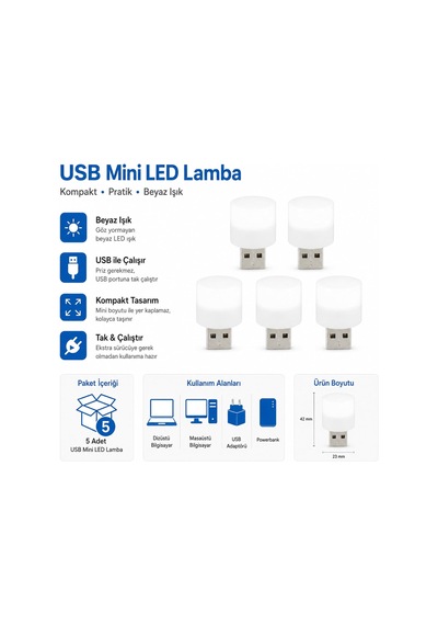 5 Adet Usb Mini Led Lamba, Beyaz Işık, Tak Çalıştır, Kompakt Usb Aydınlatma
